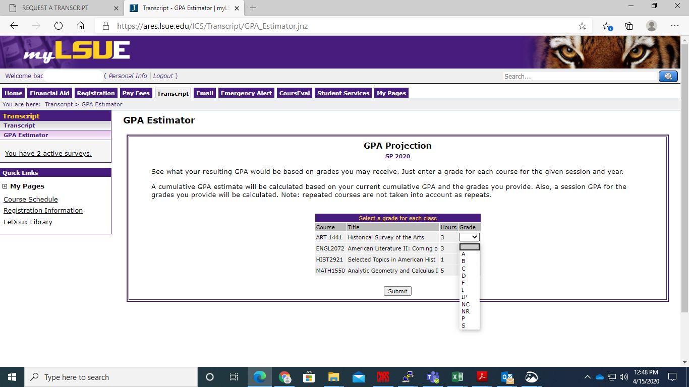 Choose grade for each course