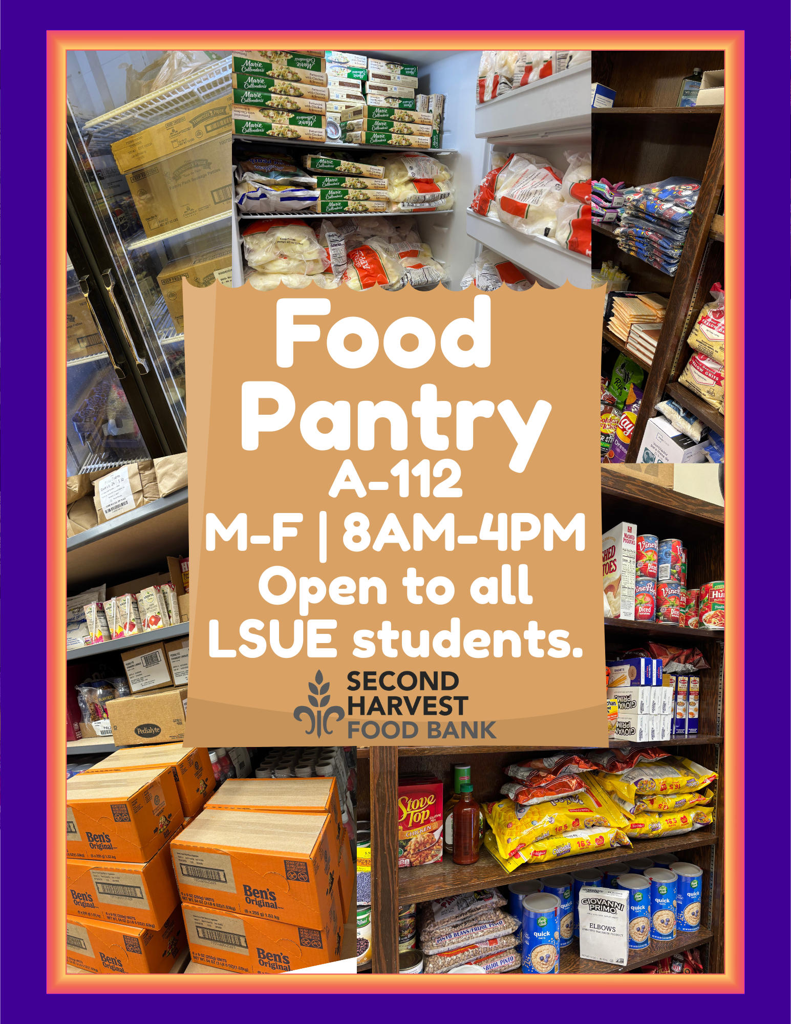 Food Pantry Image Image of food pantry in the Acadian Center, room 112. The flyer reads that the pantry is open Monday through Friday, 8:30 to 4. The pantry is open to all LSUE students.